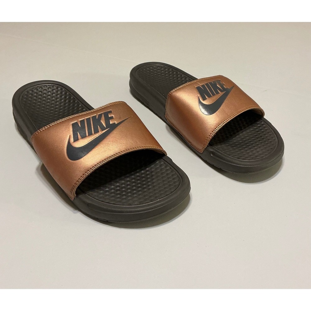 Nike Benassi JDI Slides Womens 10 Rose Gold Black Sandals Sporty Athletic